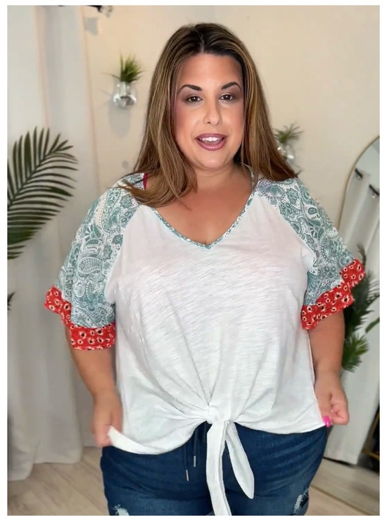 BloomChic Tops - Plus  White Tie-Front Top with Green Paisley & Red Trim